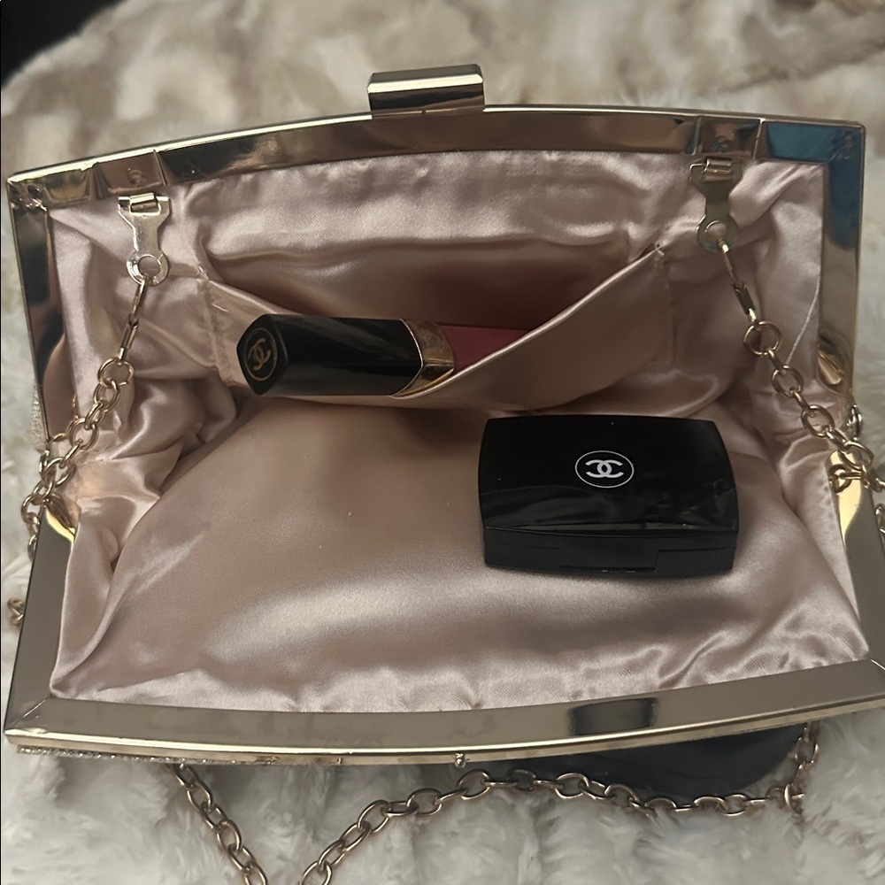 Gleaming Cream Clutch with Rhinestone Detail Detachabable D- Ring long chain. - Picture 2 of 5